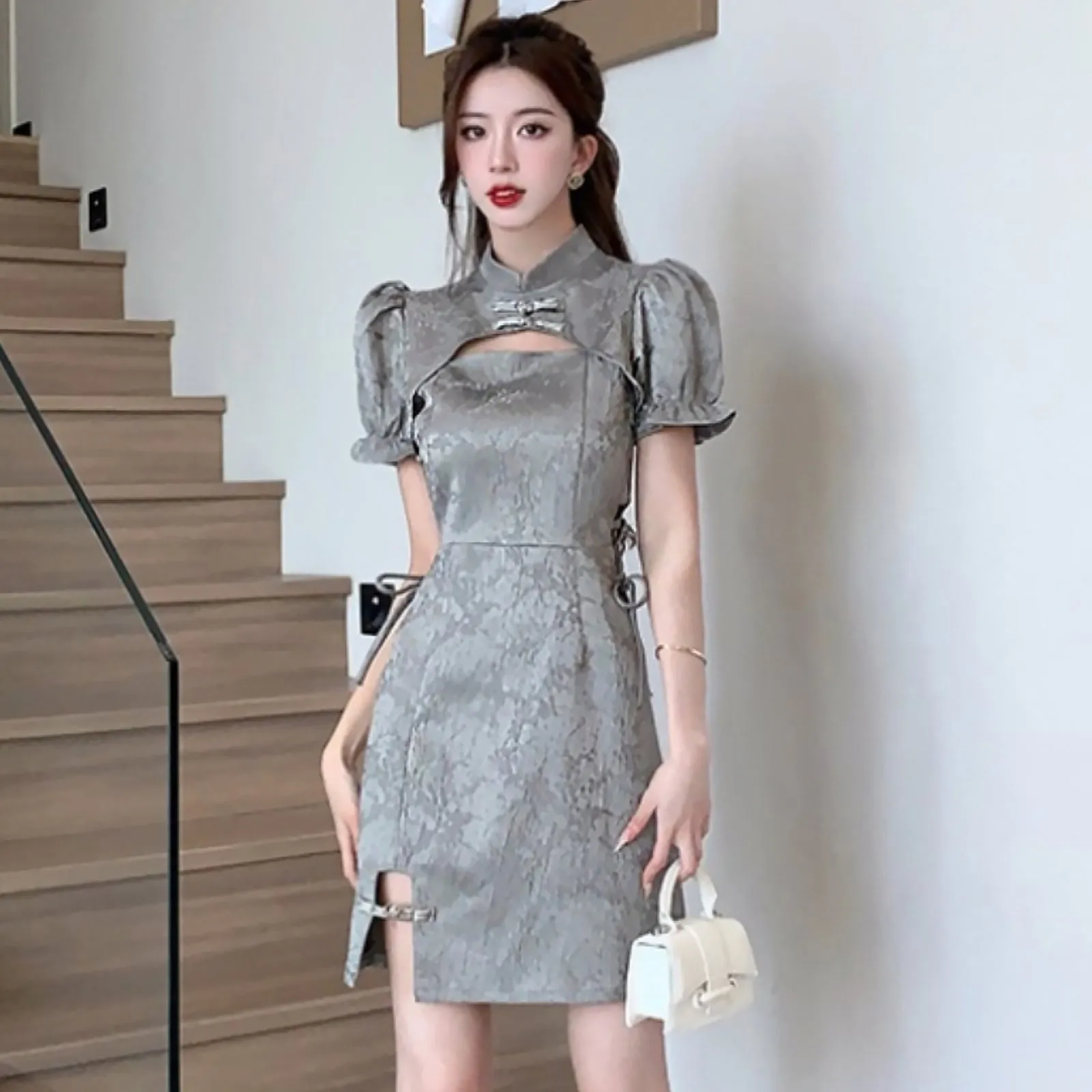 Yomorio Grey Chinese Dresses Cut Out Short Sleeve Slim Fit Cheongsam Dress