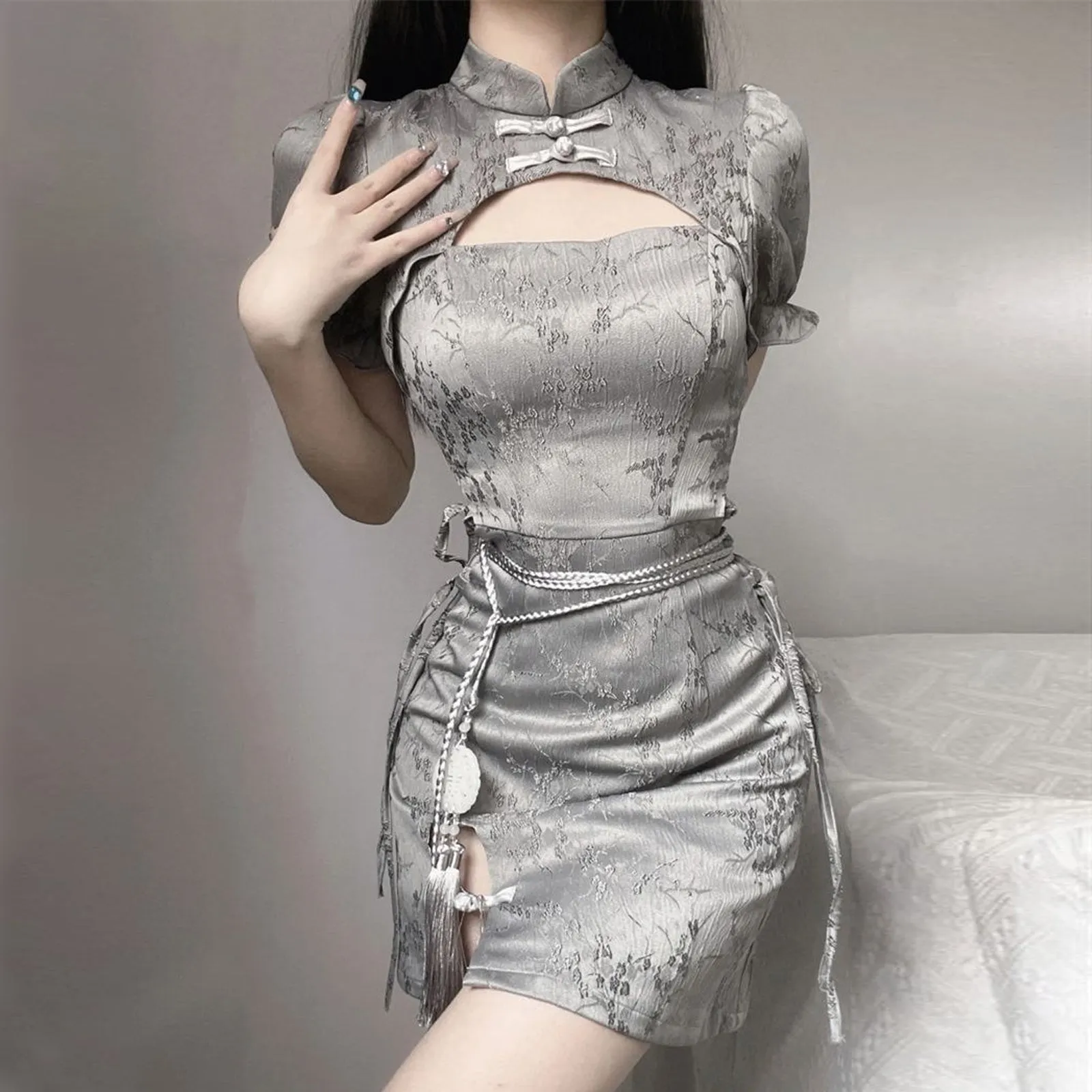 Yomorio Grey Chinese Dresses Cut Out Short Sleeve Slim Fit Cheongsam Dress