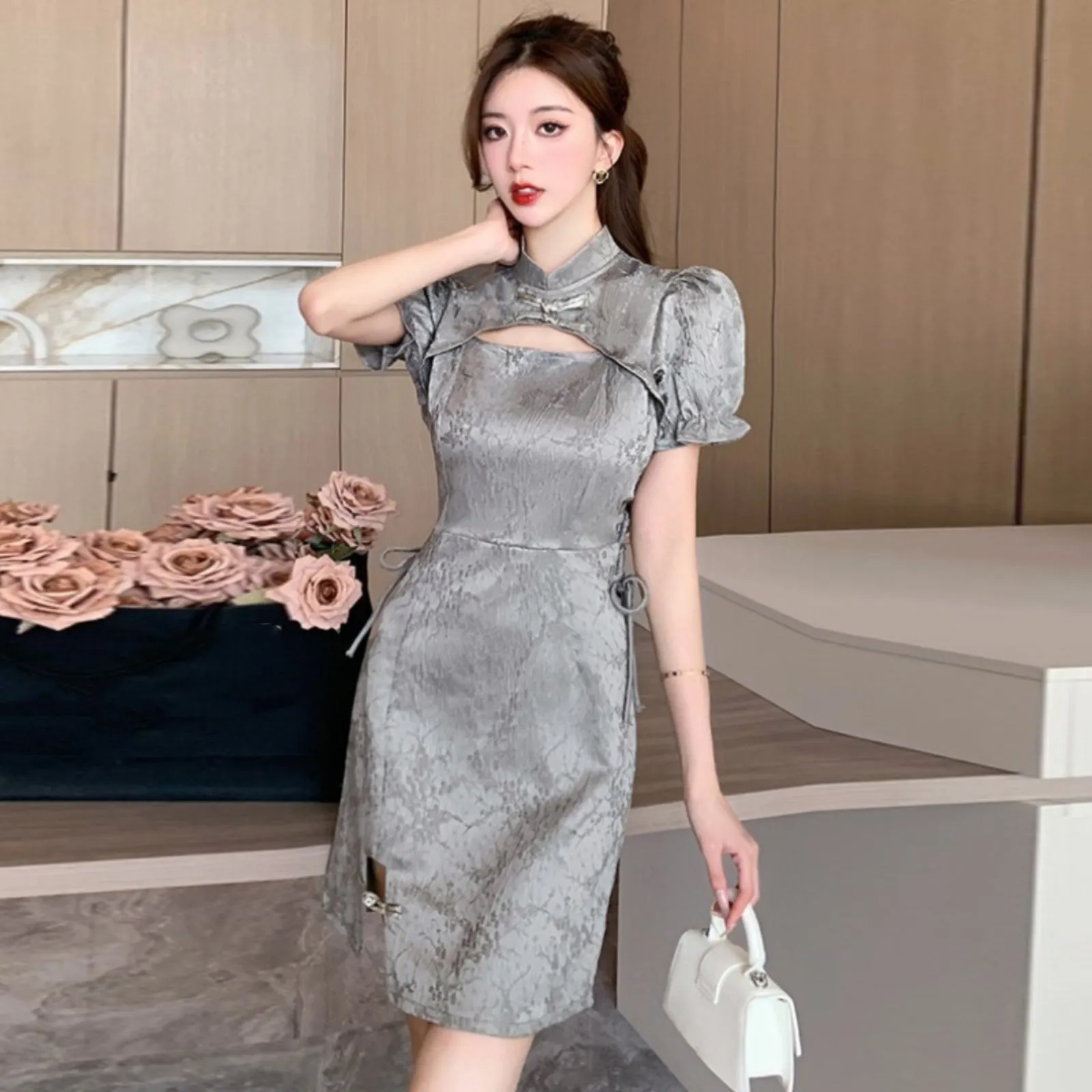 Yomorio Grey Chinese Dresses Cut Out Short Sleeve Slim Fit Cheongsam Dress