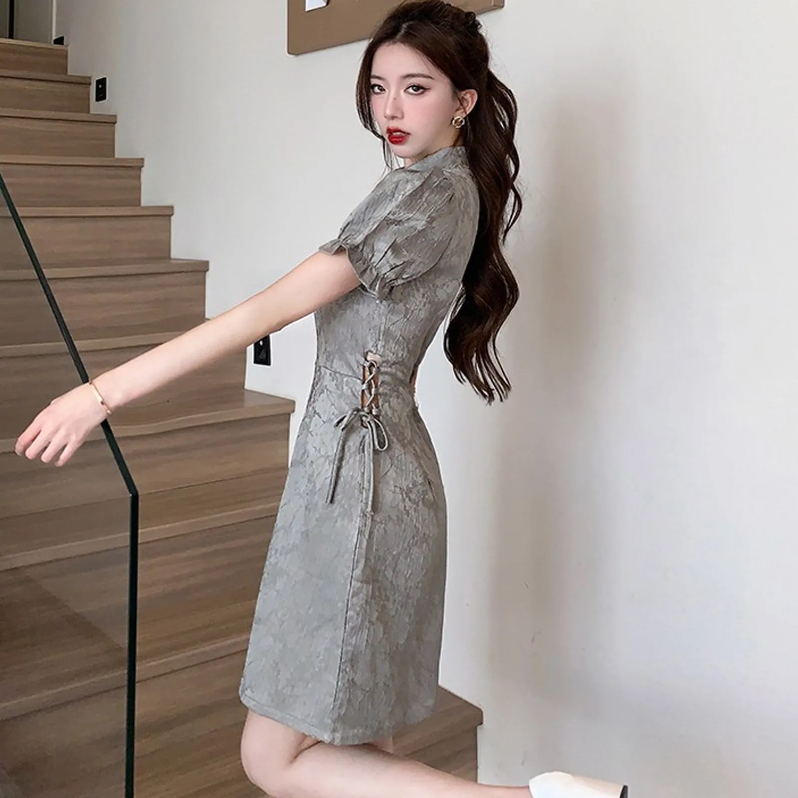 Yomorio Grey Chinese Dresses Cut Out Short Sleeve Slim Fit Cheongsam Dress