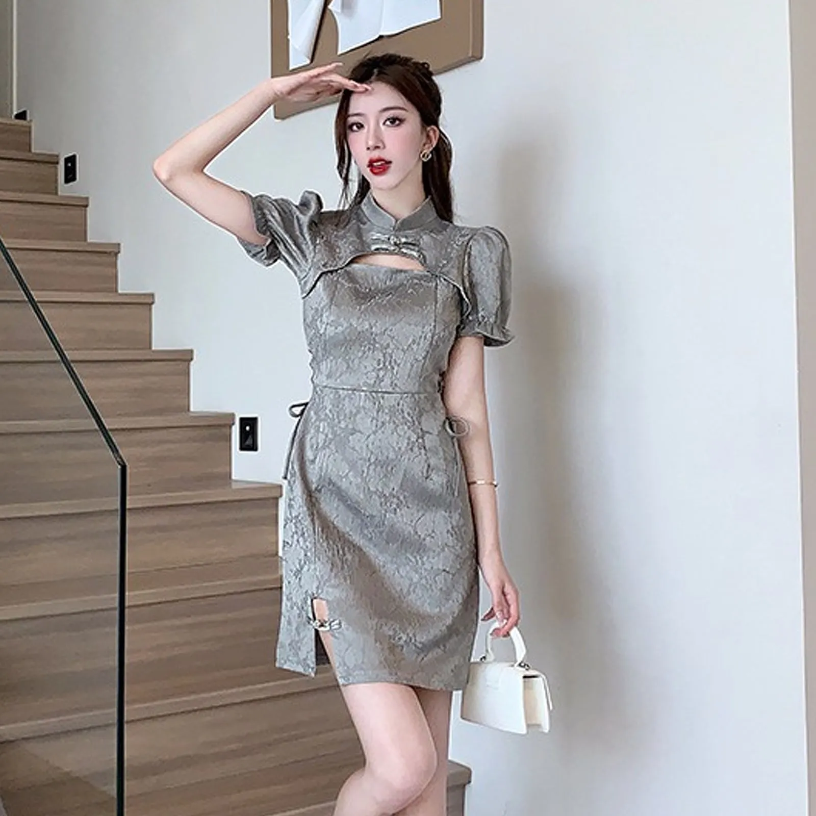 Yomorio Grey Chinese Dresses Cut Out Short Sleeve Slim Fit Cheongsam Dress