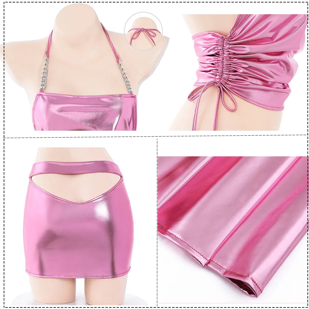Yomorio Metallic Latex Outfit Y2K Halter Drawstring Crop Top and Bodycon Pencil Skirt