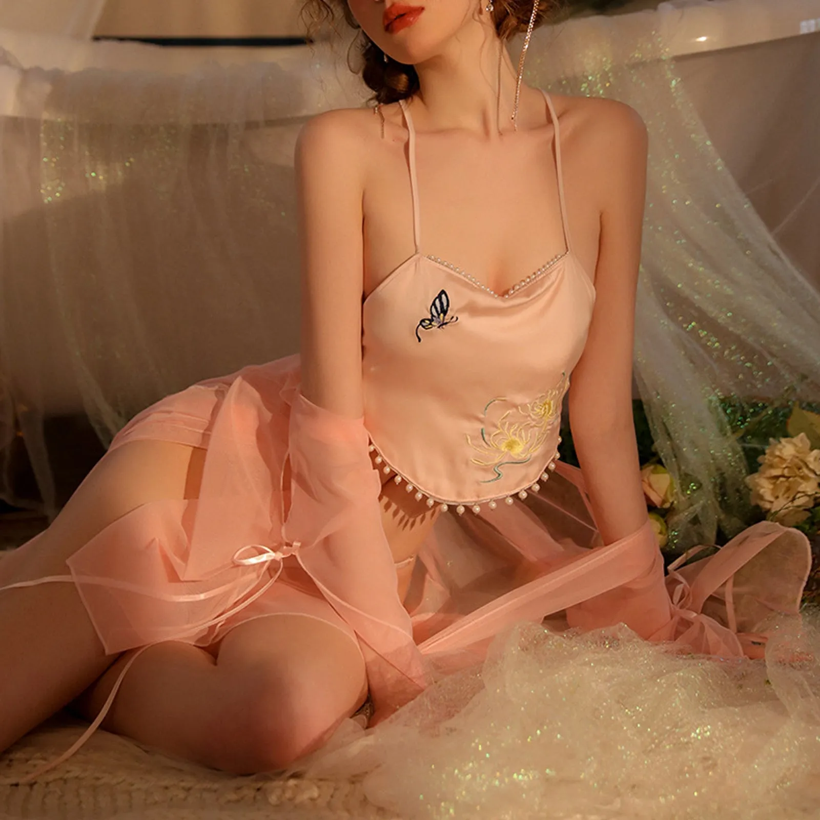 Yomorio Sexy Sheer Mesh Kimono Robe Set 3 Piece Satin Embroidery Chinese Style Sleepwear